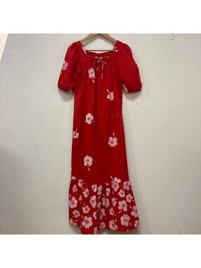 Sidan Vintage Hawaiian Red Tropical Floral Hibiscus Mumu Maxi Dress Gown sz 6
